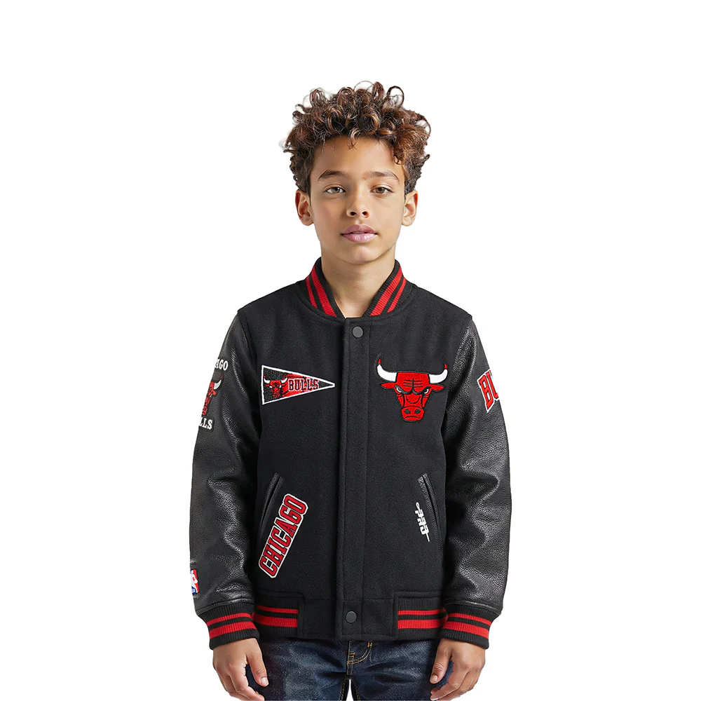 NBA CHICAGO BULLS RETRO CLASSIC LITTLE BOYS RIB WOOL VARSITY JACKET (BLACK/RED/BLACK)