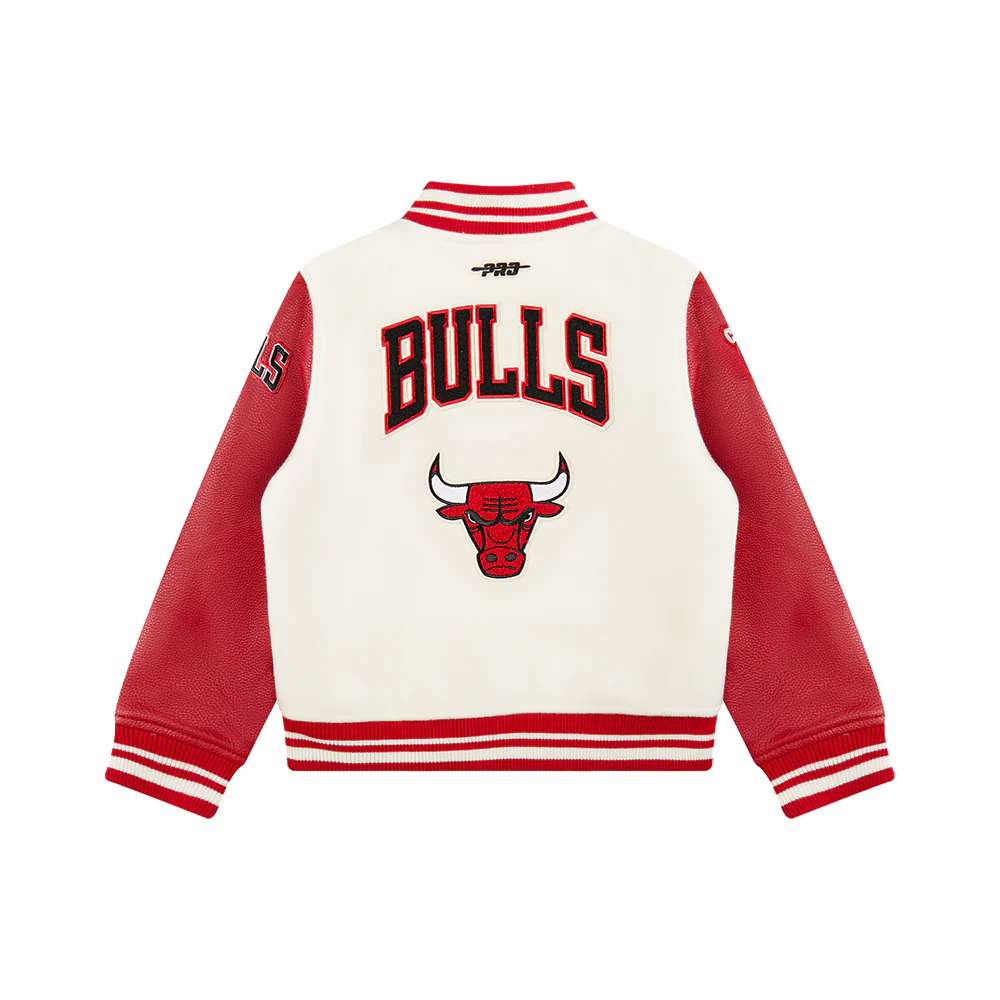 NBA CHICAGO BULLS RETRO CLASSIC LITTLE BOYS RIB WOOL VARSITY JACKET (EGGSHELL/ RED) - Image 4