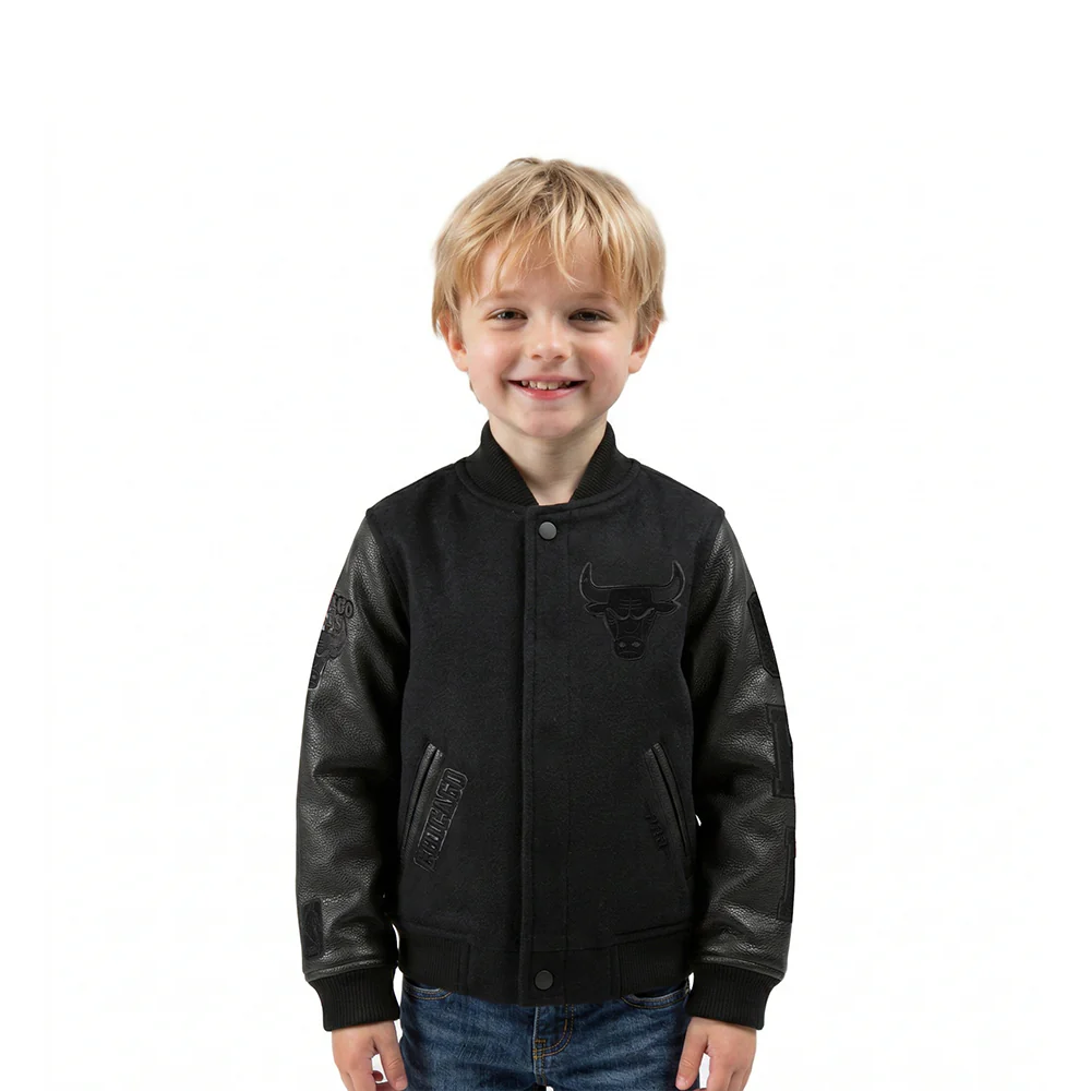 NBA CHICAGO BULLS TRIPLE BLACK TODDLER BOYS WOOL VARSITY JACKET (JET BLACK)