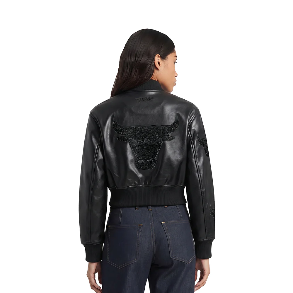 NBA CHICAGO BULLS WASHED CRYSTALLINE WOMEN'S CROPPED LEATHER VARSITY J (JET BLACK) - Image 2