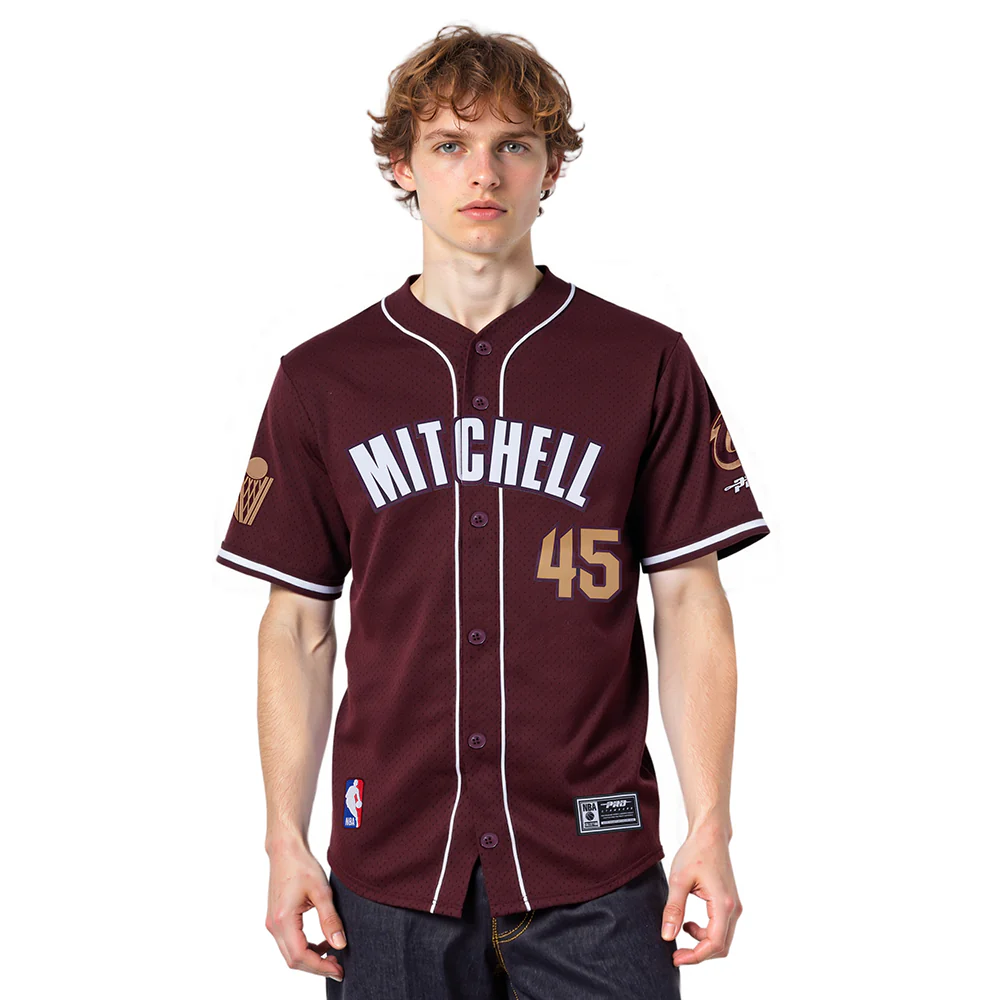 NBA CLEVELAND CAVALIERS DONOVAN MITCHELL #45 CLASSIC MESH PNN MEN'S MESH BUTTON DOWN SHIRT (WINE)