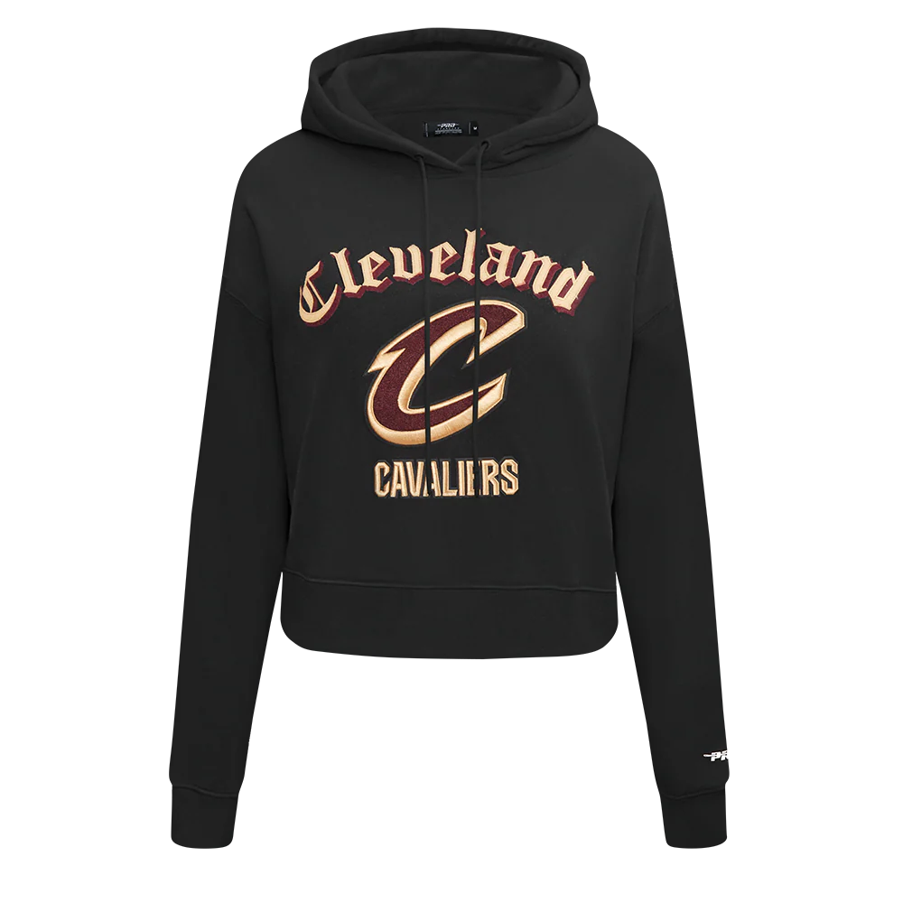 NBA CLEVELAND CAVALIERS OLD ENGLISH WOMEN'S FLC CROPPED PO HOODIE (BLACK) - Image 3
