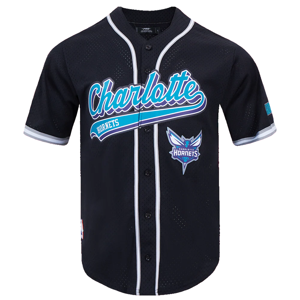 NBA CHARLOTTE HORNETS SCRIPT TAIL MEN'S MESH BUTTON DOWN SHIRT (BLACK/GRAY)