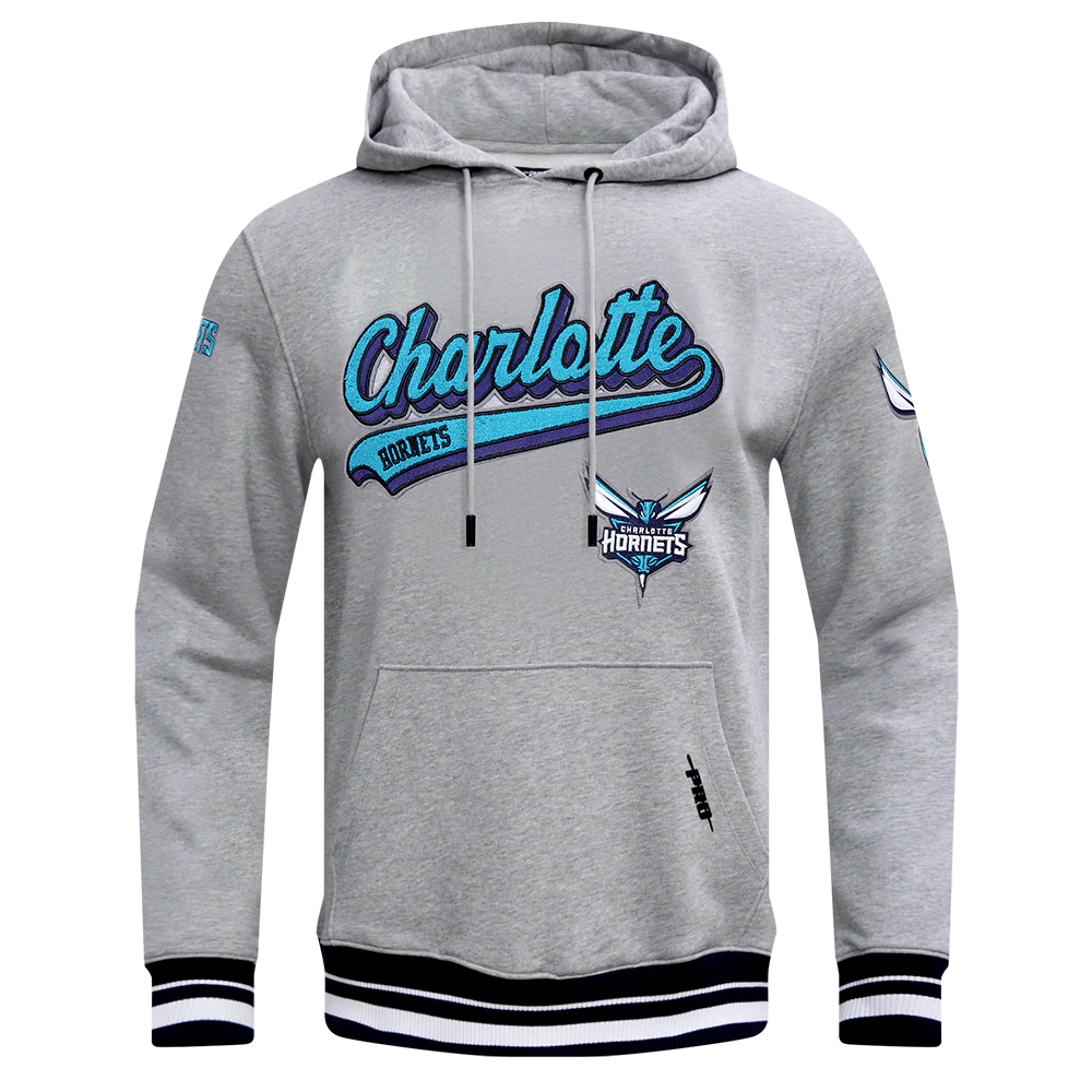 NBA CHARLOTTE HORNETS SCRIPT TAIL MEN'S RIB FLEECE PULLOVER HOODIE (HEATHER GRAY/BLACK)
