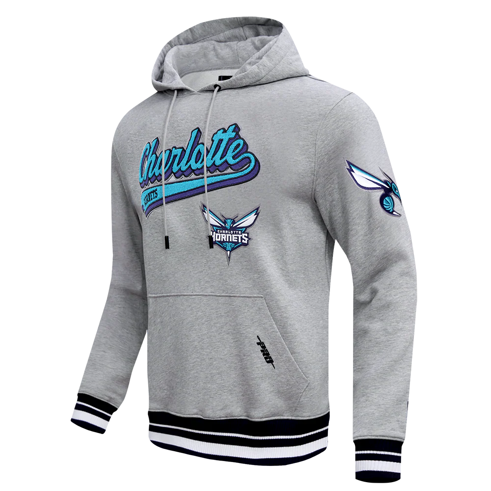 NBA CHARLOTTE HORNETS SCRIPT TAIL MEN'S RIB FLEECE PULLOVER HOODIE (HEATHER GRAY/BLACK) - Image 2