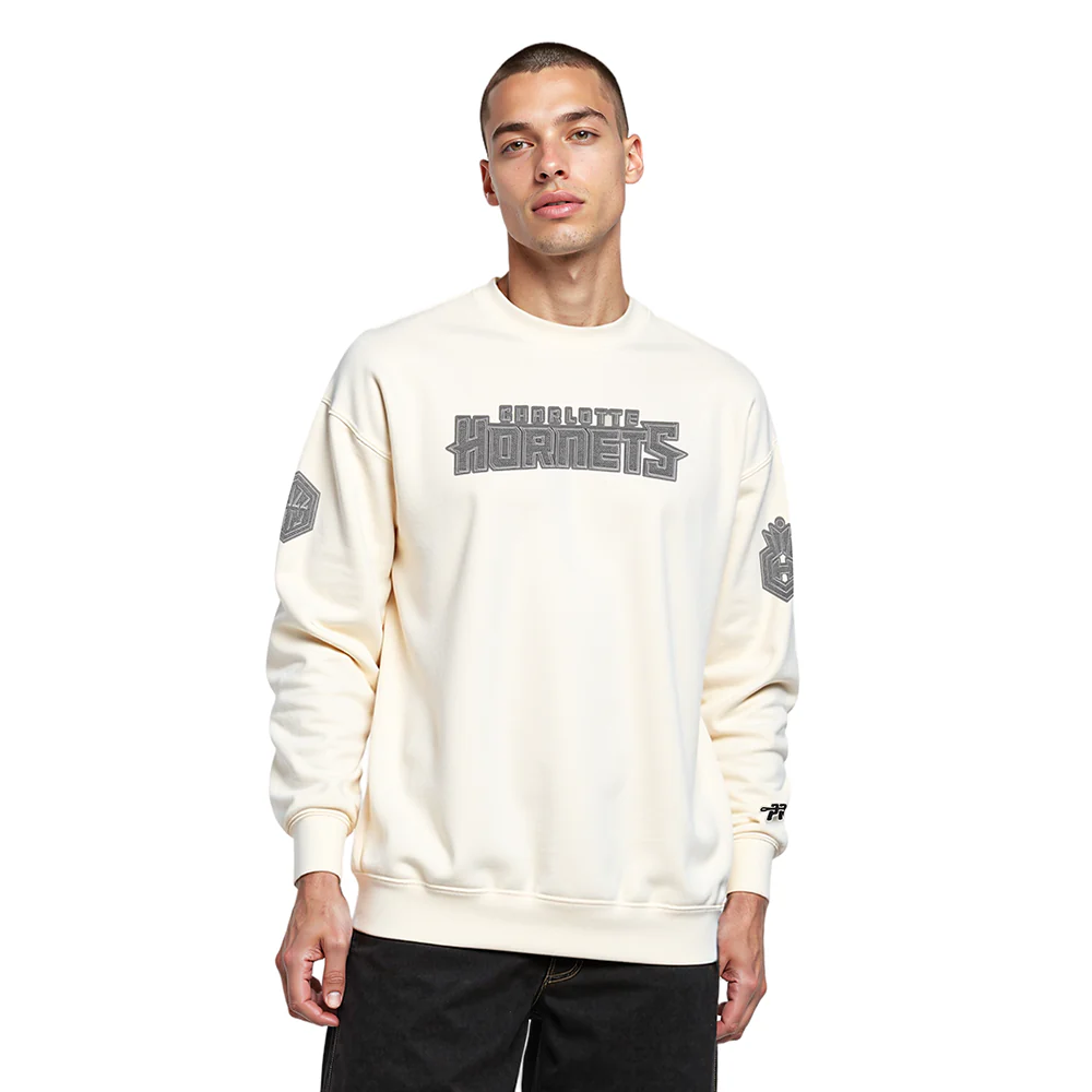 NBA CHARLOTTE HORNETS REVERSE FRENCH TERRY MEN'S DROP SHOULDER FLC CREWNECK (EGGSHELL)