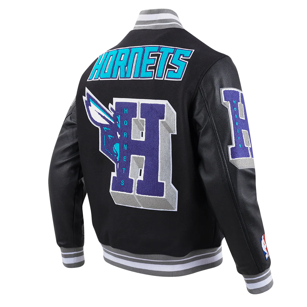 NBA CHARLOTTE HORNETS MASHUP MEN'S RIB WOOL VARSITY JACKET (BLACK/GRAY) - Image 11