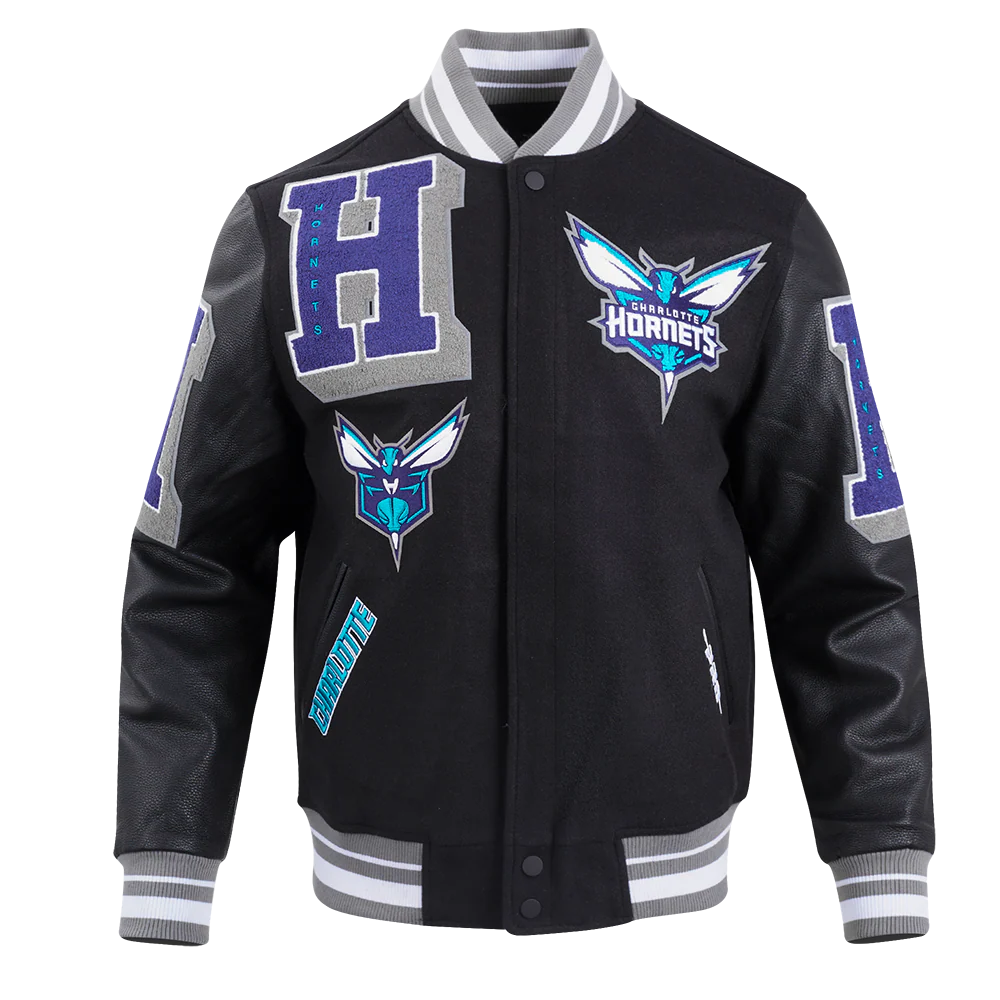 NBA CHARLOTTE HORNETS MASHUP MEN'S RIB WOOL VARSITY JACKET (BLACK/GRAY) - Image 9