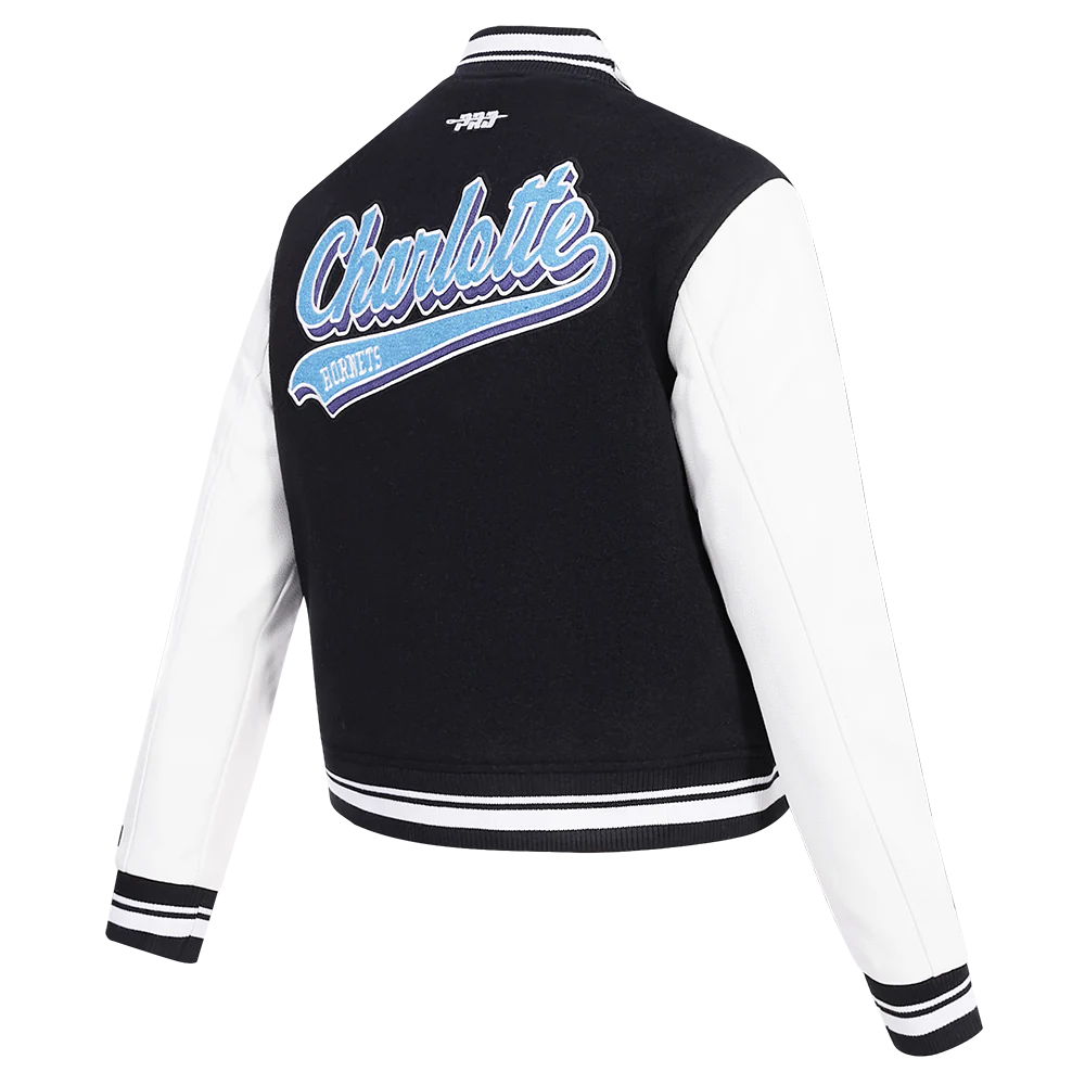 NBA CHARLOTTE HORNETS SCRIPT TAIL WOMEN'S WOOL VARSITY JACKET (BLACK/WHITE) - Image 4