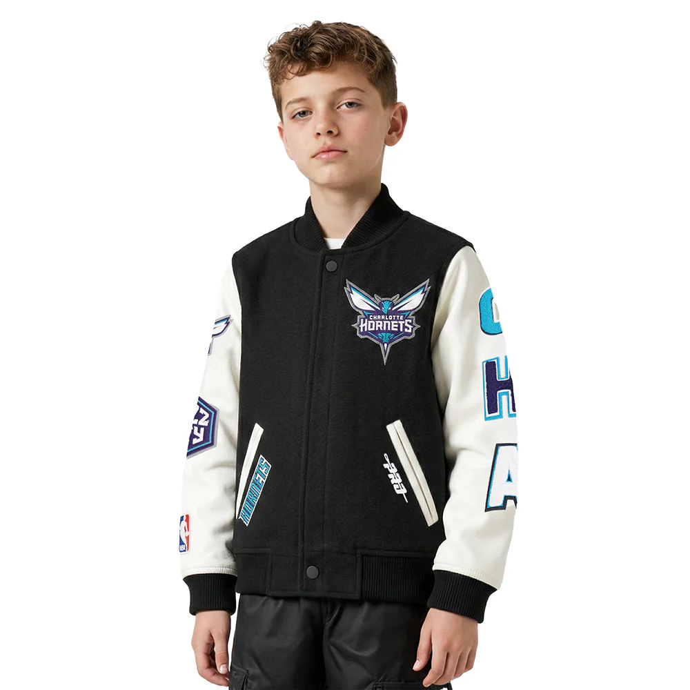 NBA CHARLOTTE HORNETS CLASSIC LITTLE BOYS WOOL VARSITY JACKET (BLACK/WHITE)