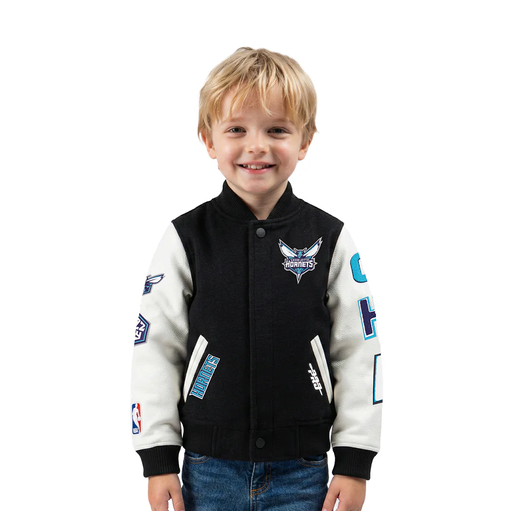 NBA CHARLOTTE HORNETS CLASSIC TODDLER BOYS WOOL VARSITY JACKET (BLACK/WHITE)