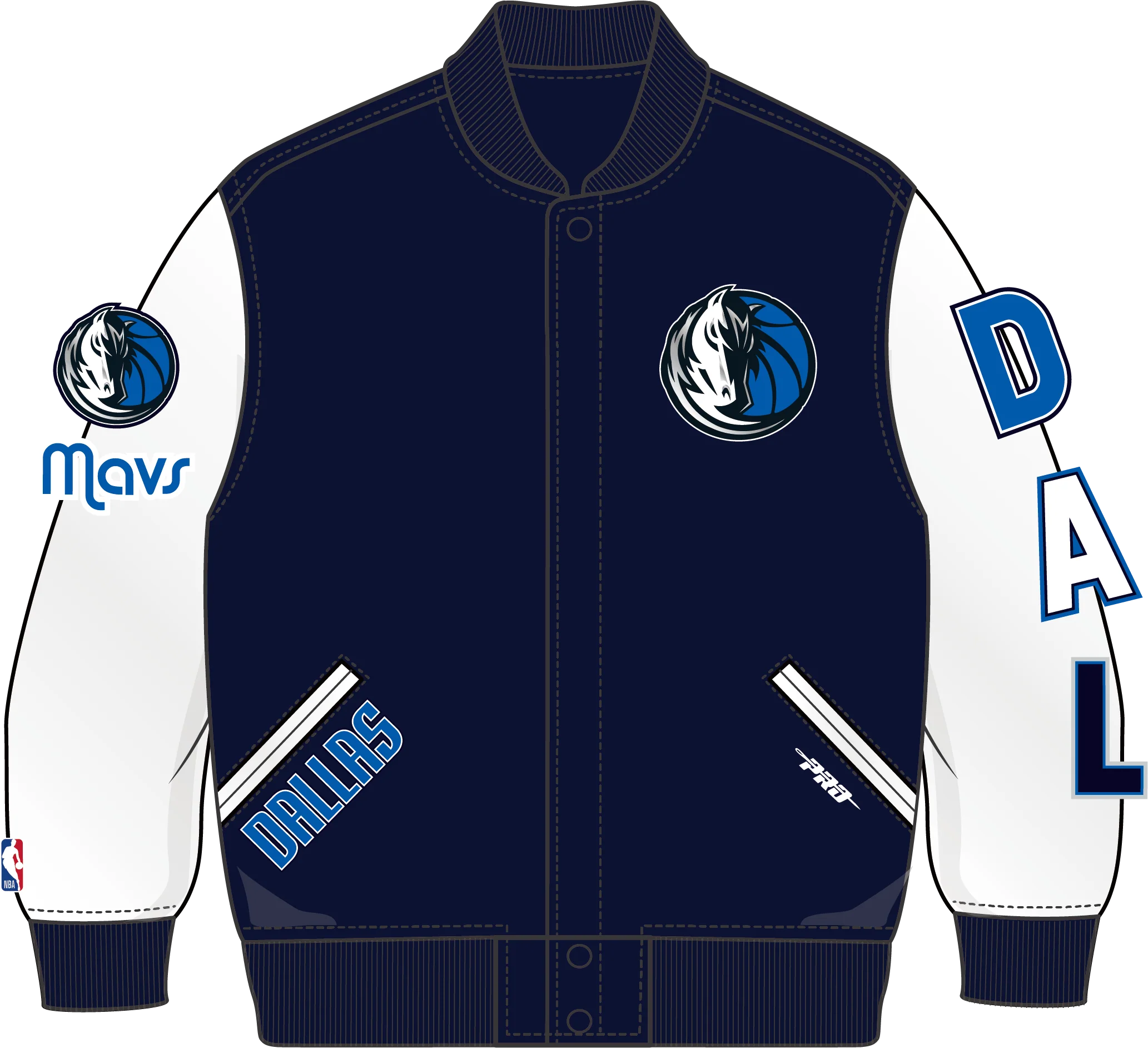 NBA DALLAS MAVERICKS CLASSIC LITTLE BOYS WOOL VARSITY JACKET (MIDNIGHT NAVY/WHITE) - Image 2
