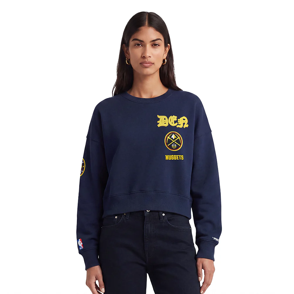 NBA DENVER NUGGETS OLD ENGLISH WOMEN'S FLC CREWNECK (MIDNIGHT NAVY)