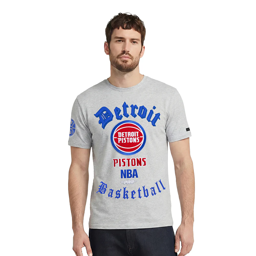 NBA DETROIT PISTONS OLD ENGLISH MEN'S TEE (HEATHER GREY)