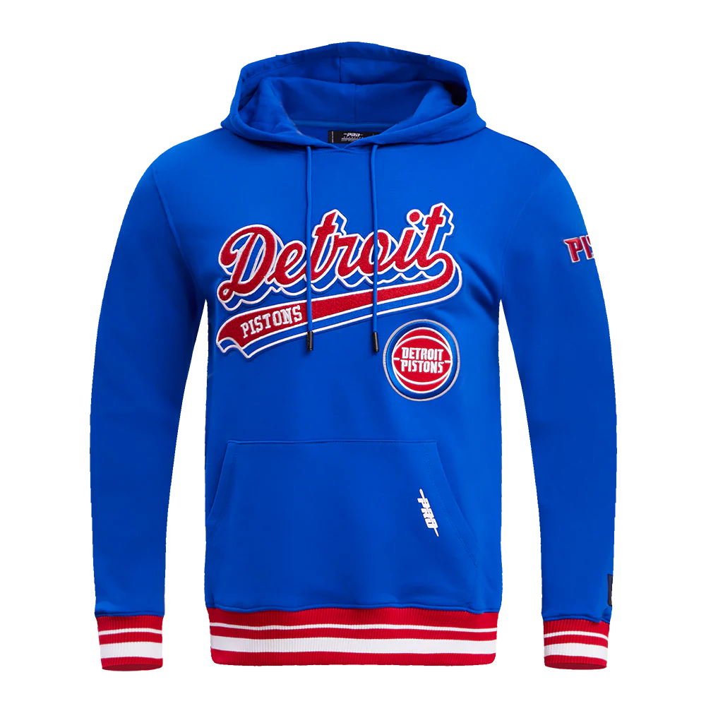 NBA DETROIT PISTONS SCRIPT TAIL MEN'S RIB FLEECE PULLOVER HOODIE (ROYAL BLUE/RED)