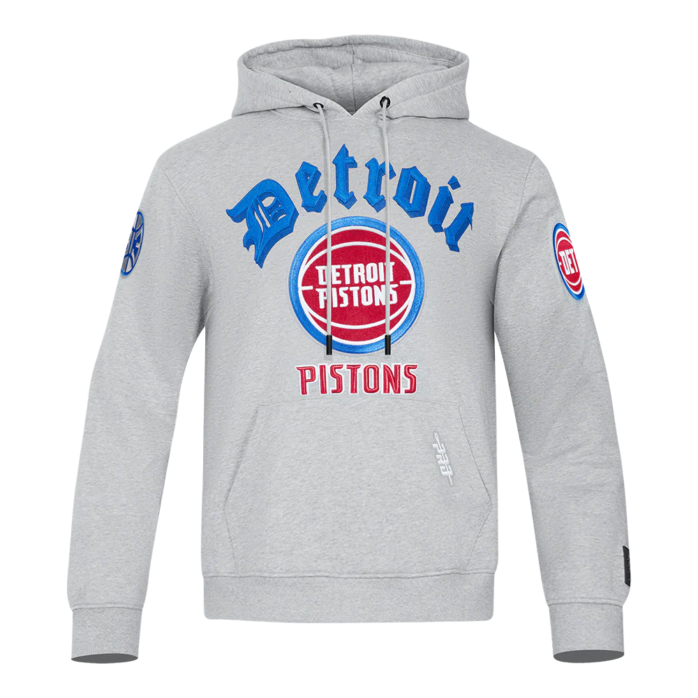 NBA DETROIT PISTONS OLD ENGLISH MEN'S PULLOVER HOODIE (HEATHER GREY)