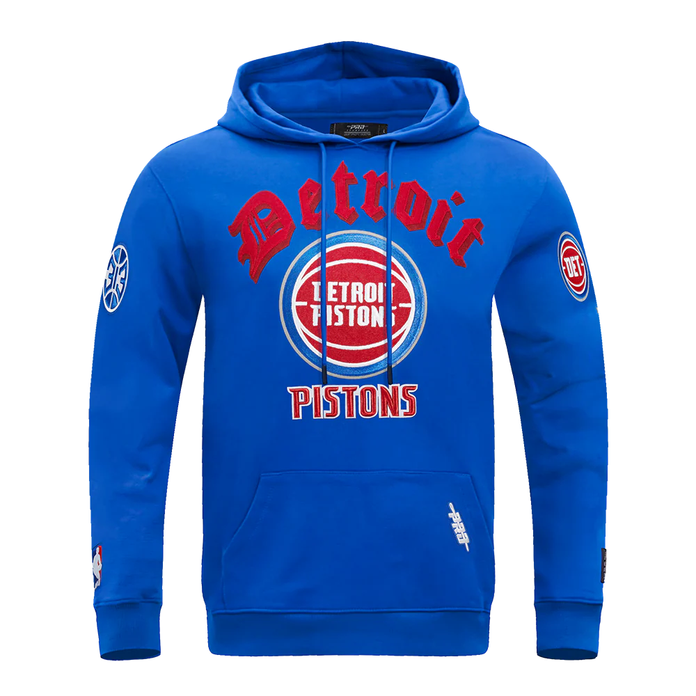 NBA DETROIT PISTONS OLD ENGLISH MEN'S PULLOVER HOODIE (ROYAL BLUE) - Image 3