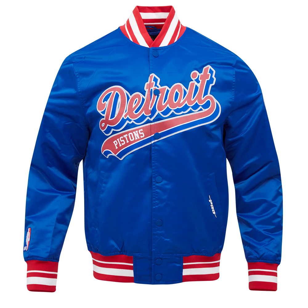 NBA DETROIT PISTONS SCRIPT TAIL MEN'S SATIN JACKET (ROYAL BLUE/RED)