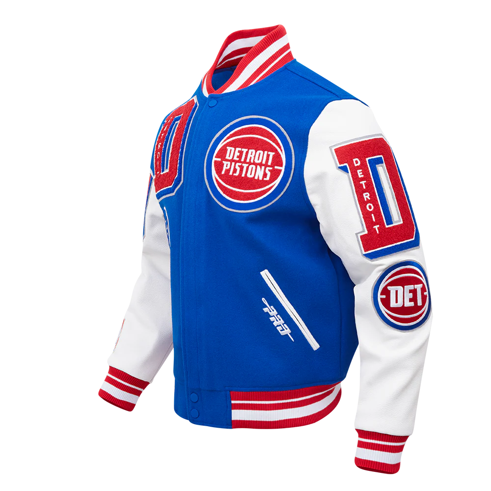 NBA DETROIT PISTONS MASHUP MEN'S RIB WOOL VARSITY JACKET (ROYAL BLUE/RED) - Image 2