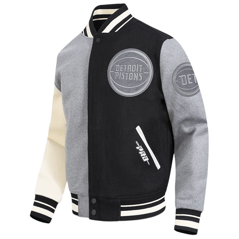 NBA DETROIT PISTONS REVERSE FRENCH TERRY MEN'S CB WOOL VARSITY JACKE (BLACK/GRAY/EGGSHELL) - Image 2