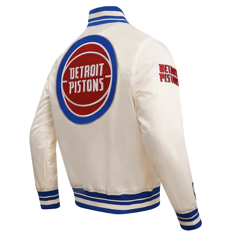 NBA DETROIT PISTONS RETRO CLASSIC MEN'S RIB SATIN JACKET (EGGSHELL/ ROYAL BLUE) - Image 3
