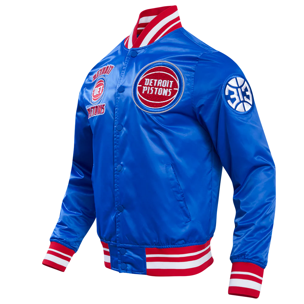 NBA DETROIT PISTONS RETRO CLASSIC MEN'S RIB SATIN JACKET (ROYAL BLUE/RED) - Image 2