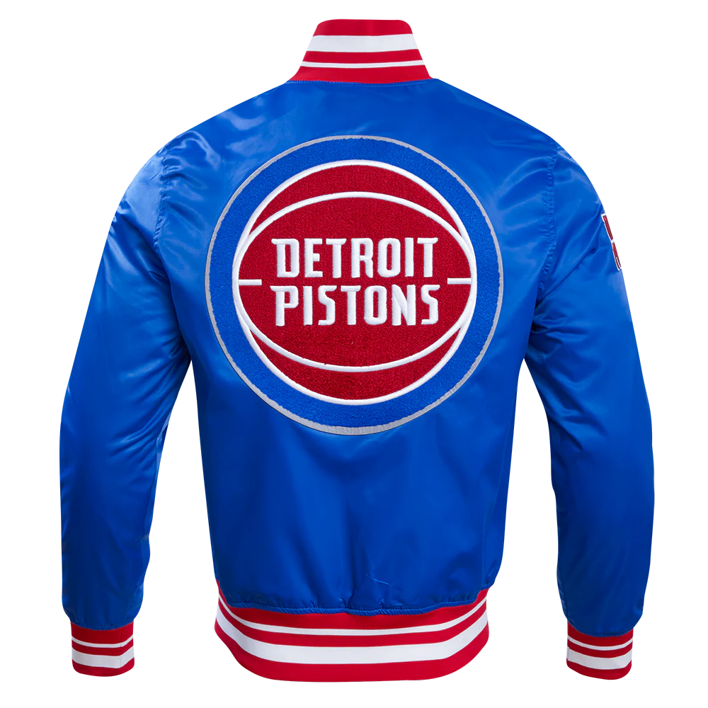NBA DETROIT PISTONS RETRO CLASSIC MEN'S RIB SATIN JACKET (ROYAL BLUE/RED) - Image 3