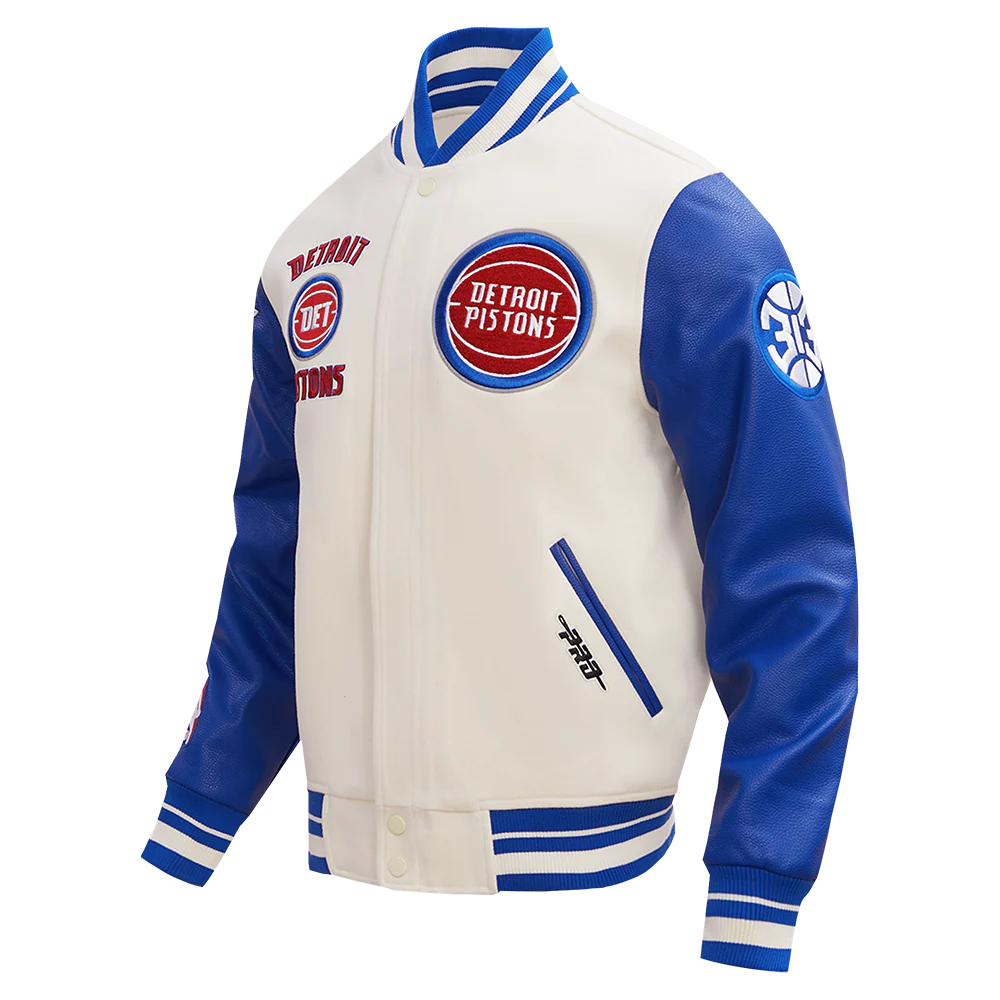 NBA DETROIT PISTONS RETRO CLASSIC MEN'S RIB WOOL VARSITY JACKET (EGGSHELL/ ROYAL BLUE) - Image 2