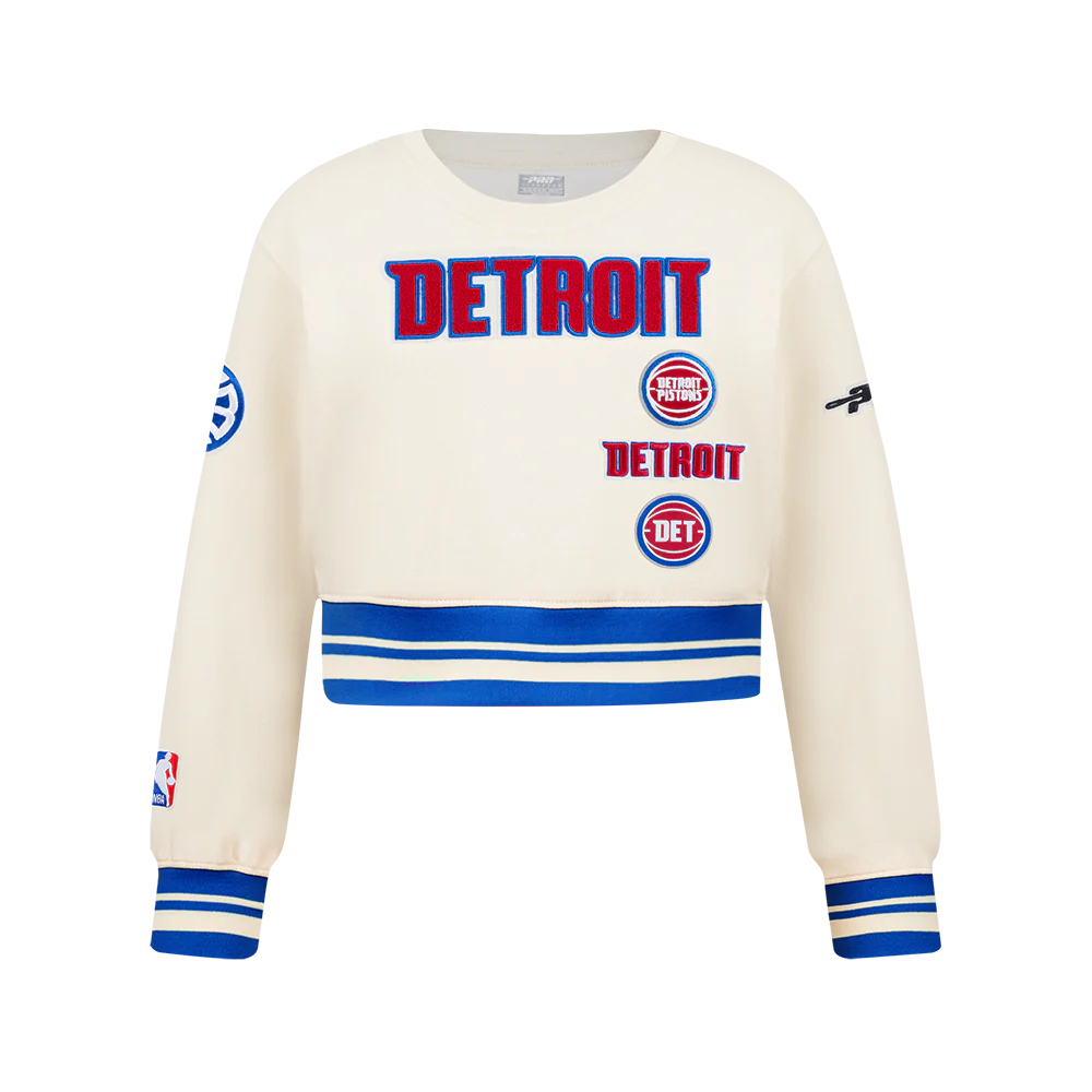NBA DETROIT PISTONS RETRO CLASSIC BIG GIRL'S RIB FLC CREWNECK (EGGSHELL/ROYAL BLUE)