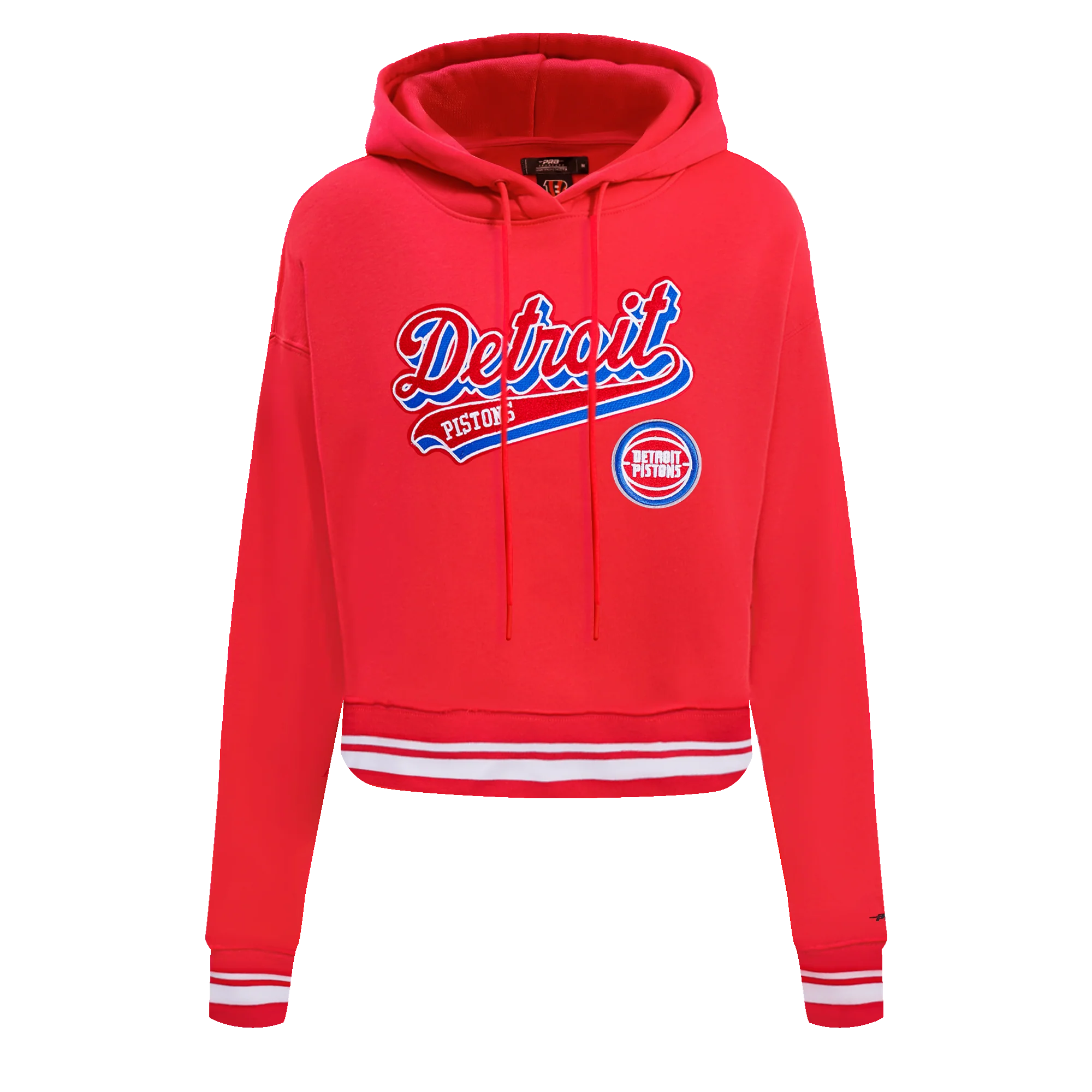 NBA DETROIT PISTONS SCRIPT TAIL WOMEN'S RIB FLEECE CROPPED PULLOVER HOODIE (RED)