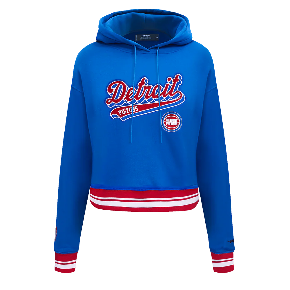 NBA DETROIT PISTONS SCRIPT TAIL WOMEN'S RIB FLEECE CROPPED PULLOVER HOODIE (ROYAL BLUE/RED)