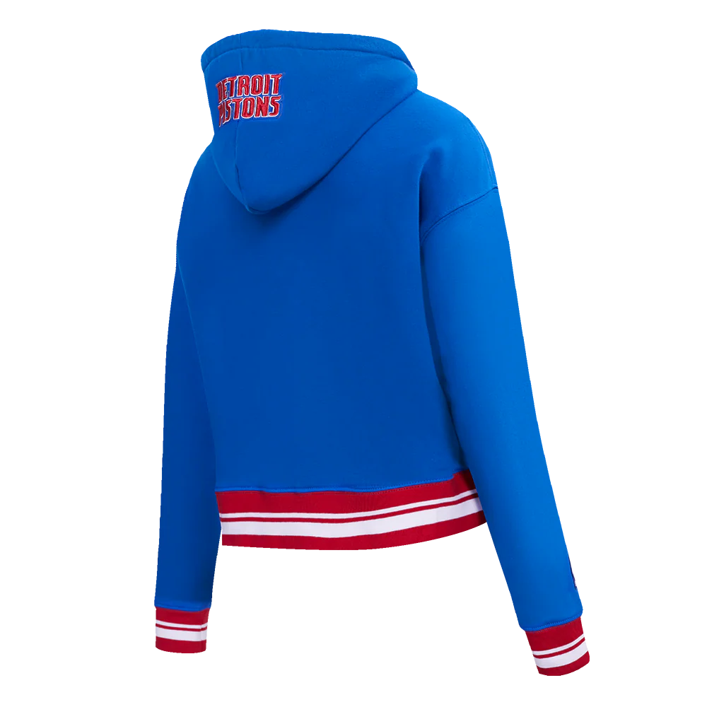 NBA DETROIT PISTONS SCRIPT TAIL WOMEN'S RIB FLEECE CROPPED PULLOVER HOODIE (ROYAL BLUE/RED) - Image 4