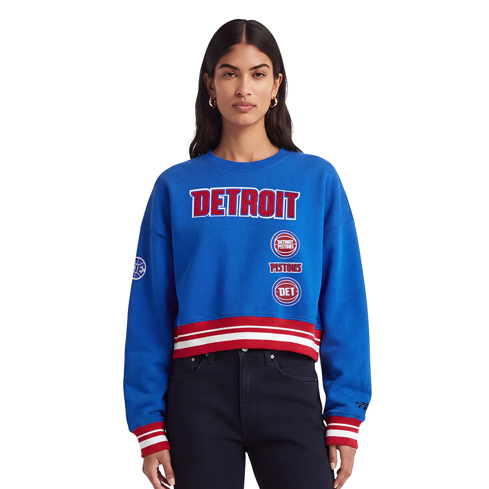 NBA DETROIT PISTONS RETRO CLASSIC WOMEN'S RIB CREWNECK (ROYAL BLUE/RED)