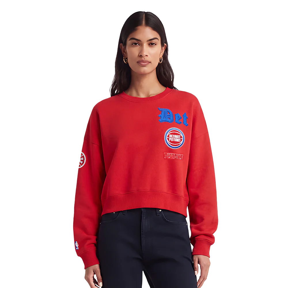 NBA DETROIT PISTONS OLD ENGLISH WOMEN'S FLC CREWNECK (RED)
