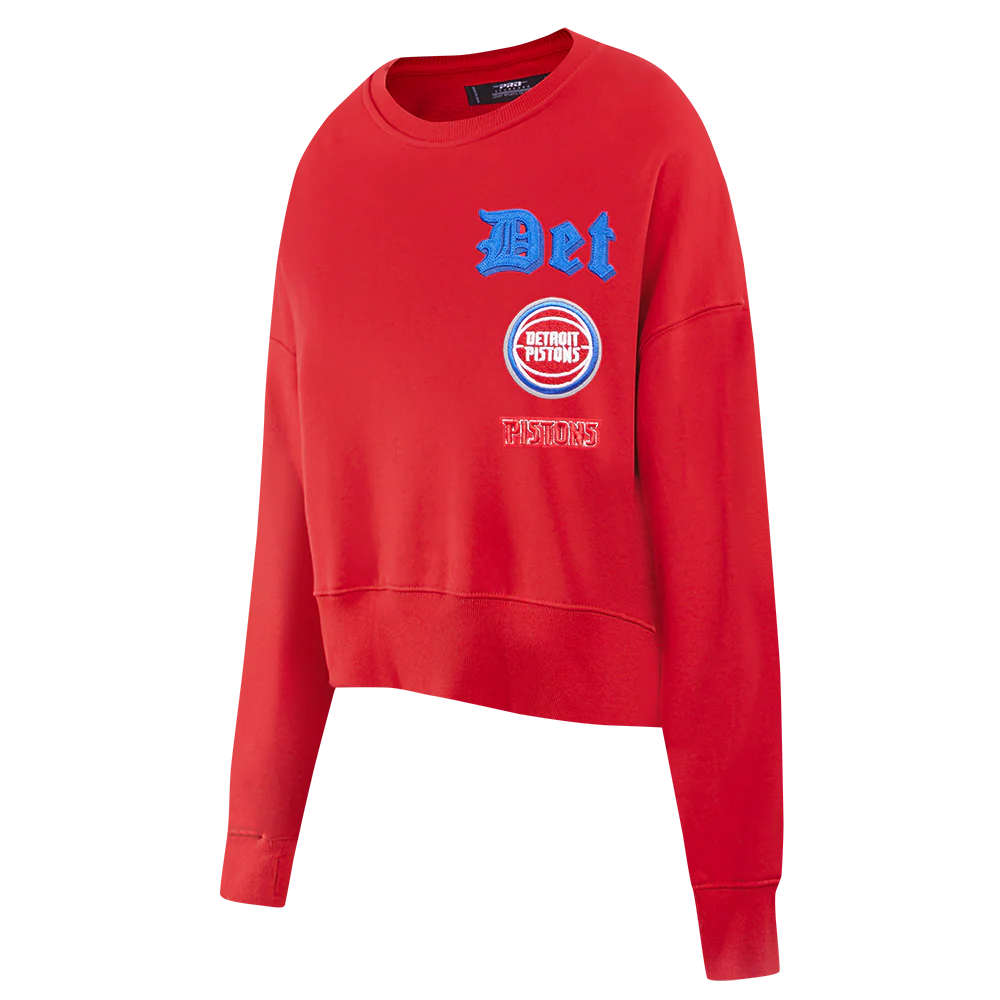 NBA DETROIT PISTONS OLD ENGLISH WOMEN'S FLC CREWNECK (RED) - Image 4