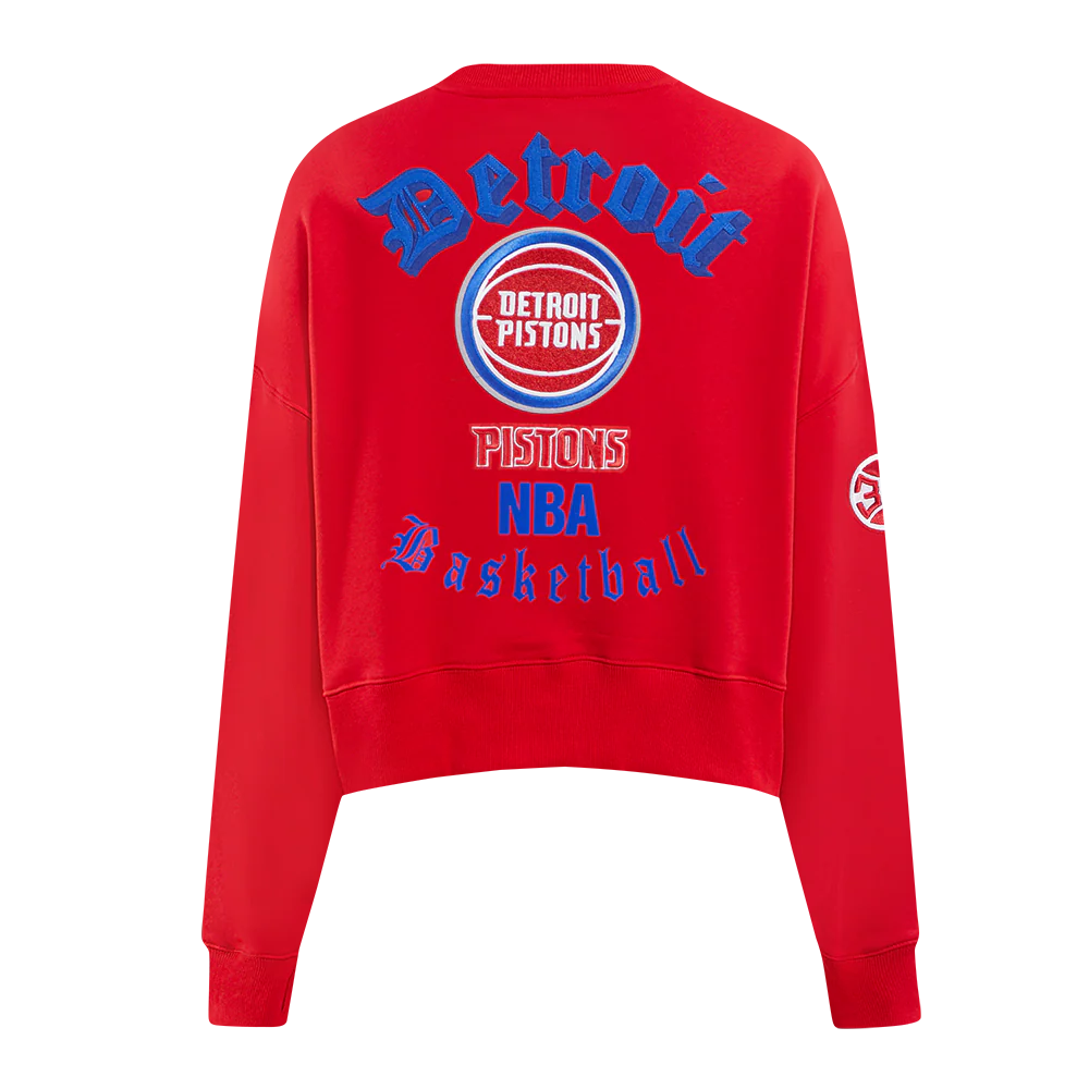 NBA DETROIT PISTONS OLD ENGLISH WOMEN'S FLC CREWNECK (RED) - Image 5