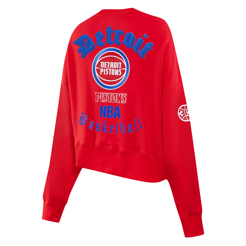 NBA DETROIT PISTONS OLD ENGLISH WOMEN'S FLC CREWNECK (RED) - Image 6