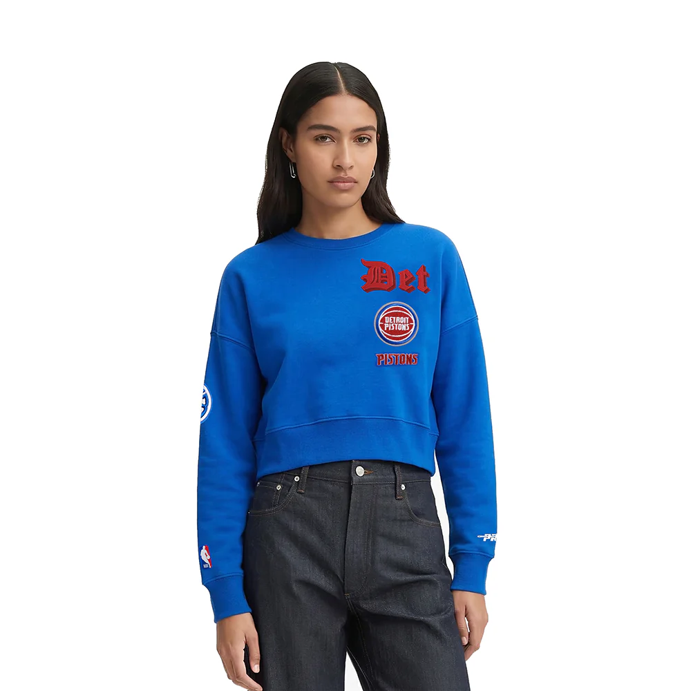 NBA DETROIT PISTONS OLD ENGLISH WOMEN'S FLC CREWNECK (ROYAL BLUE)