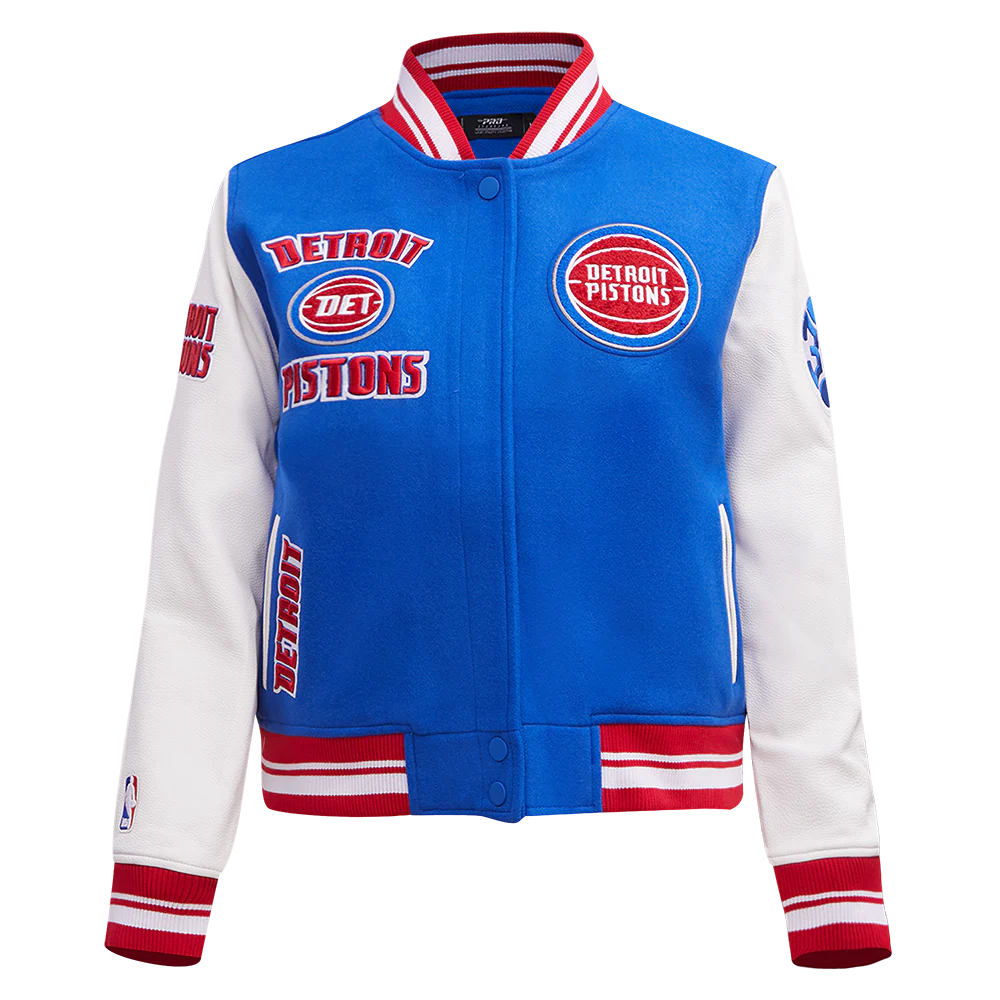 NBA DETROIT PISTONS RETRO CLASSIC WOMEN'S RIB WOOL VARSITY JACKET (ROYAL BLUE/RED)