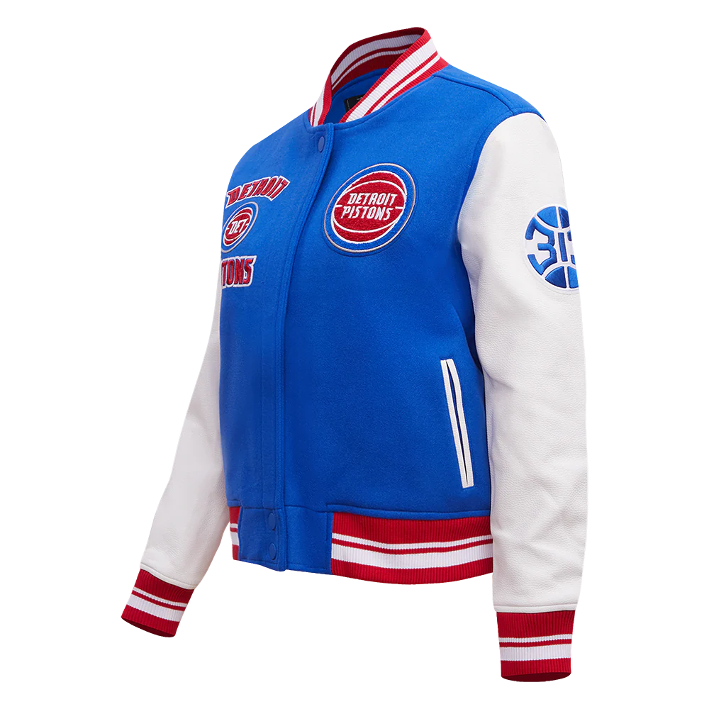 NBA DETROIT PISTONS RETRO CLASSIC WOMEN'S RIB WOOL VARSITY JACKET (ROYAL BLUE/RED) - Image 2