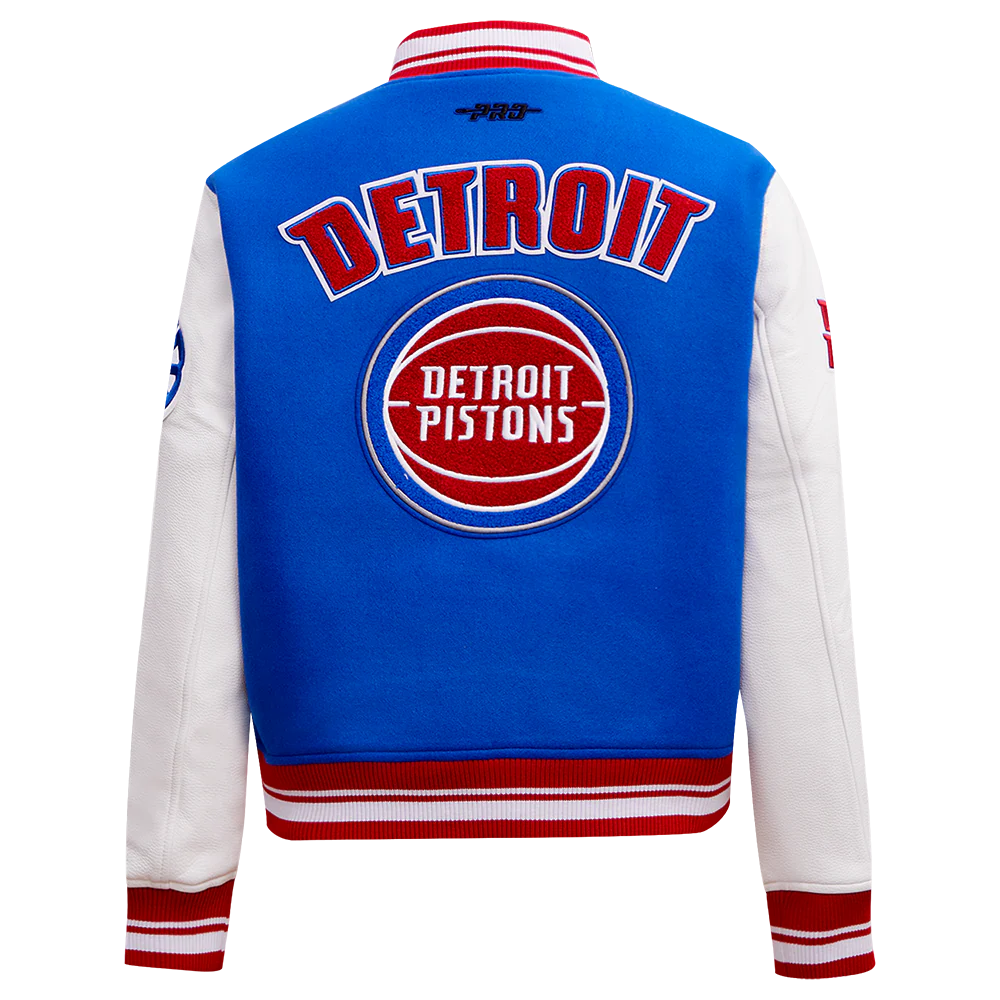 NBA DETROIT PISTONS RETRO CLASSIC WOMEN'S RIB WOOL VARSITY JACKET (ROYAL BLUE/RED) - Image 3