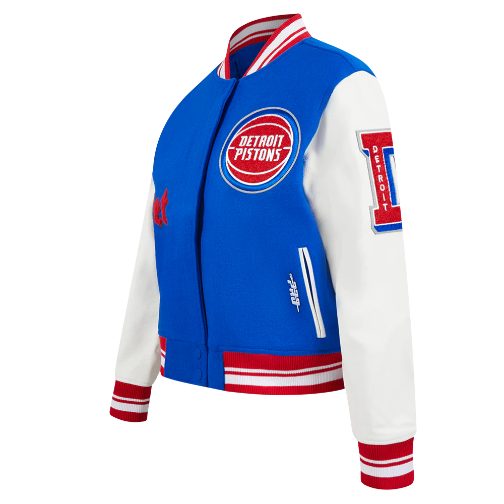 NBA DETROIT PISTONS OLD ENGLISH WOMEN'S RIB WOOL VARSITY JACKET (ROYAL BLUE/RED) - Image 2
