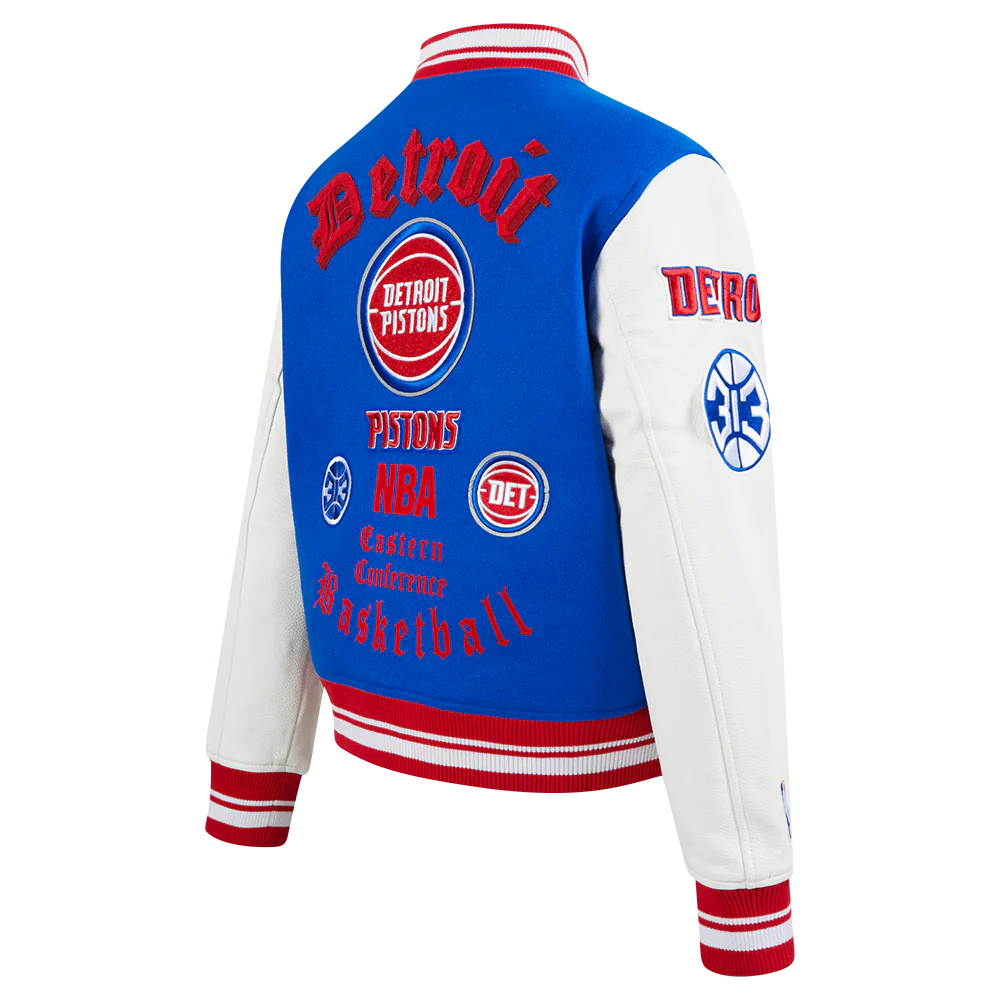 NBA DETROIT PISTONS OLD ENGLISH WOMEN'S RIB WOOL VARSITY JACKET (ROYAL BLUE/RED) - Image 4