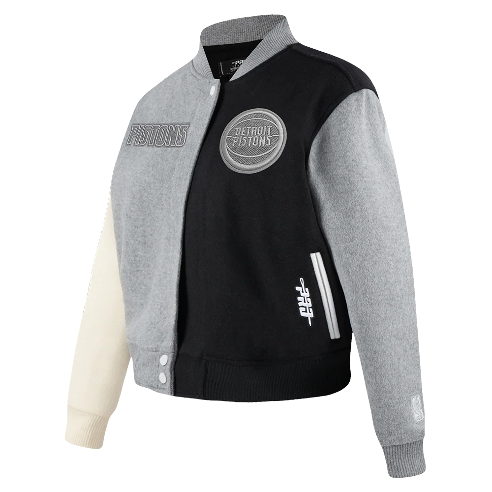 NBA DETROIT PISTONS REVERSE FRENCH TERRY WOMEN'S WOOL VARSITY JACKET (BLACK/GRAY/EGGSHELL)