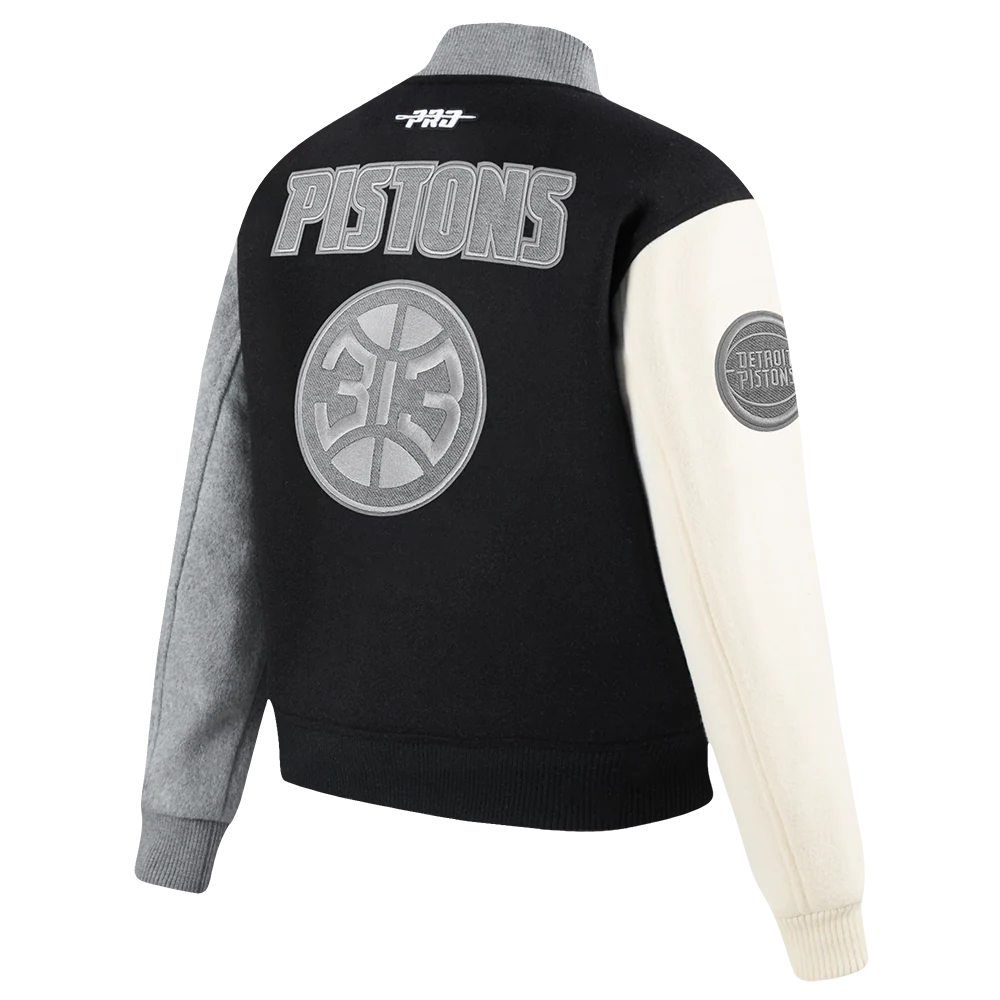 NBA DETROIT PISTONS REVERSE FRENCH TERRY WOMEN'S WOOL VARSITY JACKET (BLACK/GRAY/EGGSHELL) - Image 3