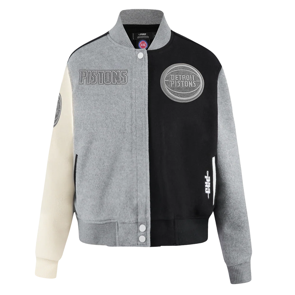NBA DETROIT PISTONS REVERSE FRENCH TERRY WOMEN'S WOOL VARSITY JACKET (BLACK/GRAY/EGGSHELL) - Image 8