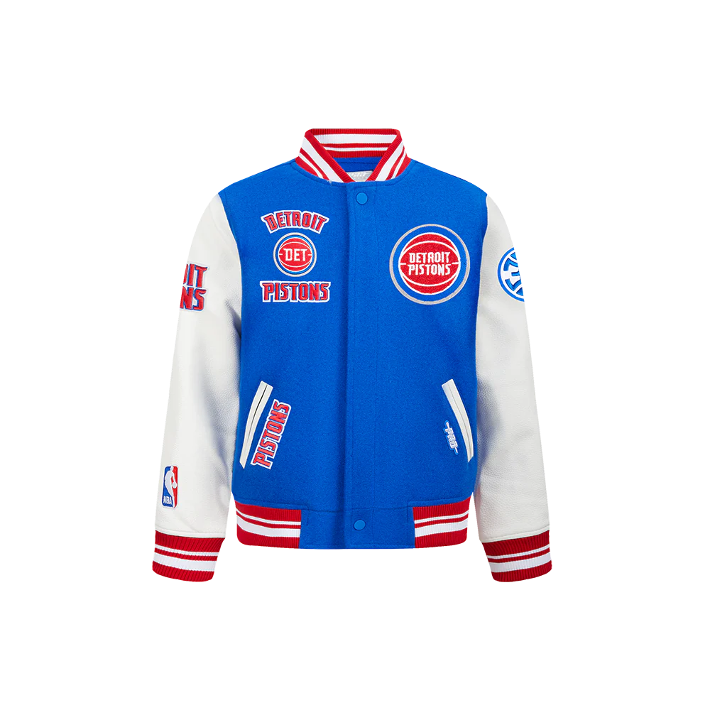 NBA DETROIT PISTONS RETRO CLASSIC LITTLE BOYS RIB WOOL VARSITY JACKET (ROYAL BLUE/RED)