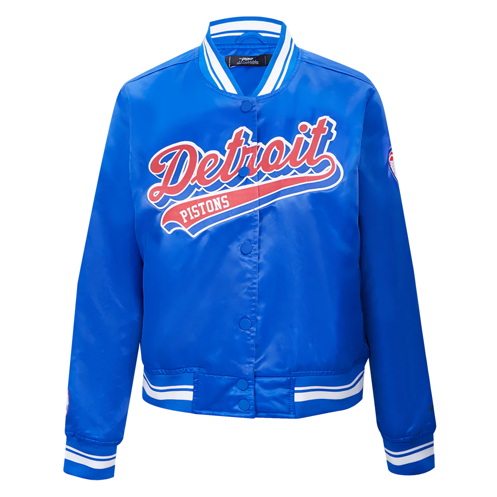 NBA DETROIT PISTONS SCRIPT TAIL WOMEN'S SATIN JACKET (ROYAL BLUE)