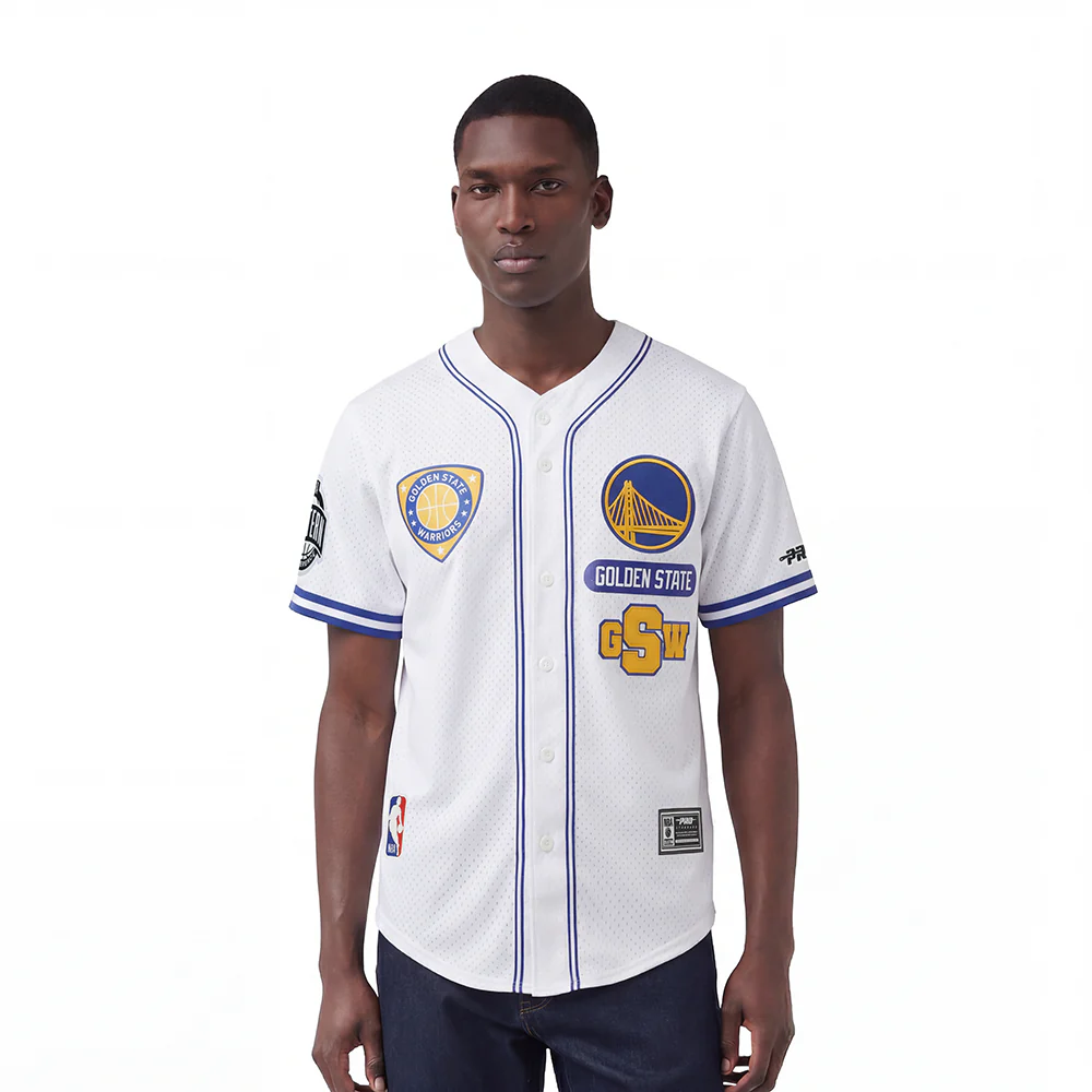 NBA GOLDEN STATE WARRIORS LETTERMAN MEN'S BUTTON DOWN MESH TOP (WHITE/ROYAL BLUE)