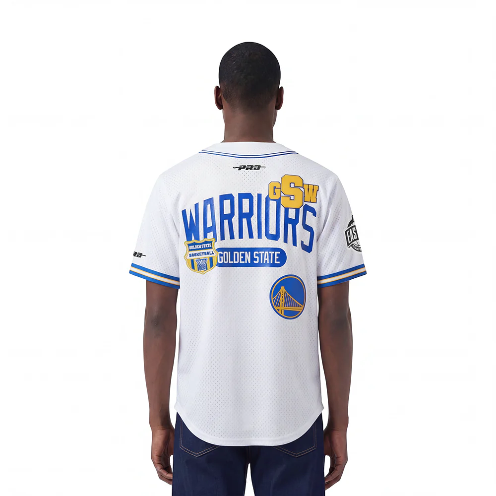 NBA GOLDEN STATE WARRIORS LETTERMAN MEN'S BUTTON DOWN MESH TOP (WHITE/ROYAL BLUE) - Image 2